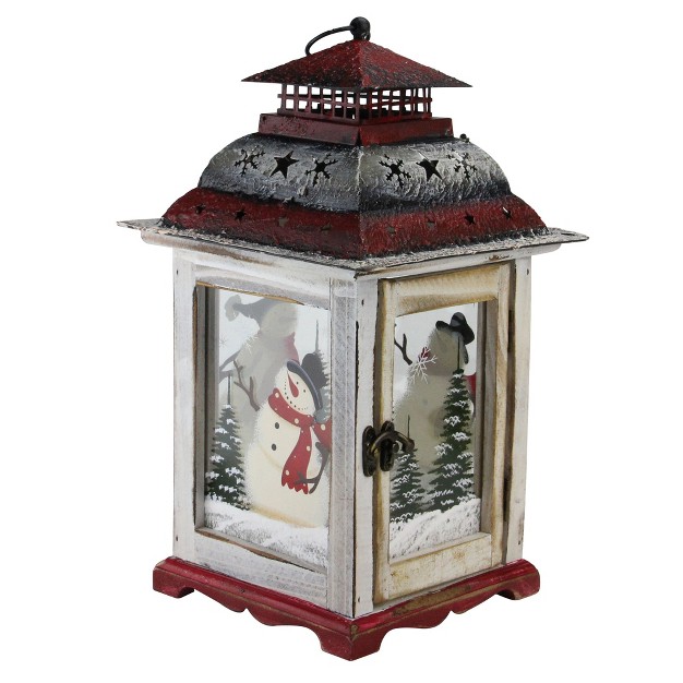 Rustic Red And White Snowman Christmas Scene Candle Lantern