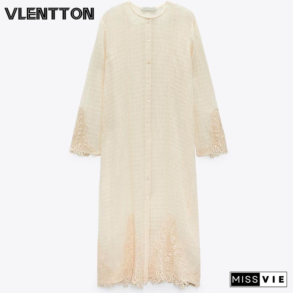 Spring Summer Women Vintage Linen Midi Boho Dress Casual   Long Sleeve Lace Loose Beach Dresses Ladies Vestidos Robe Mujer