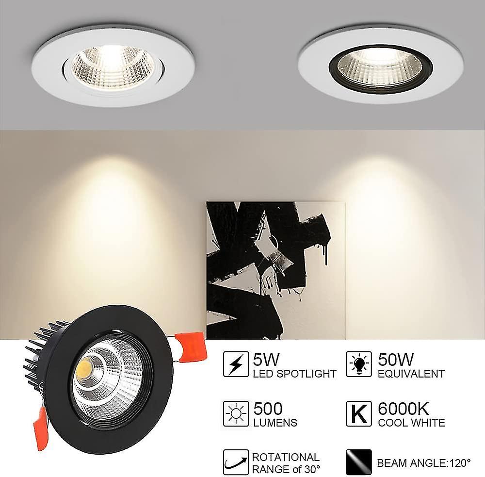 6 X Led Recessed Spotlights，5w Cob，cool White 6000k，ip44 (black)(aperture:75mm)