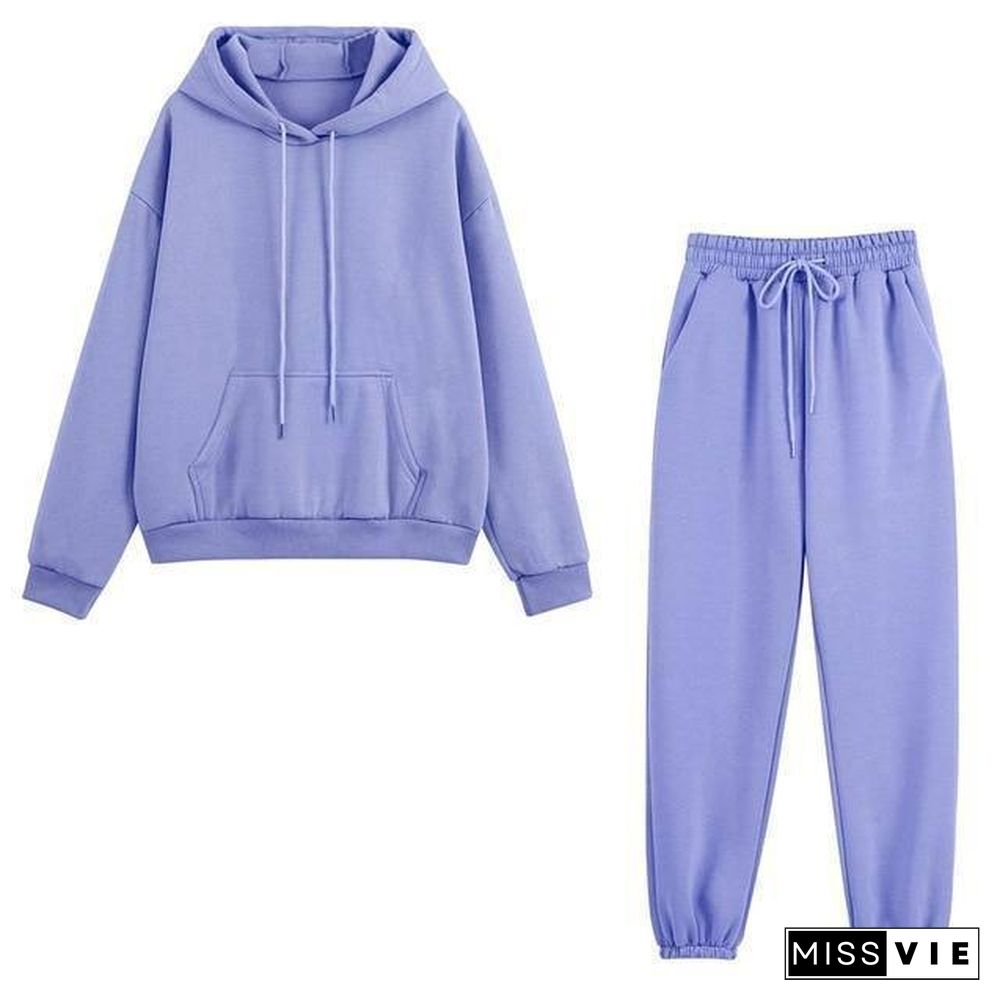 Fleece Tracksuits Women Two Pieces Set Hooded Oversized Sweatshirt Pants Solid Color Hoodie Suits Autumn Winter Casual Outfits