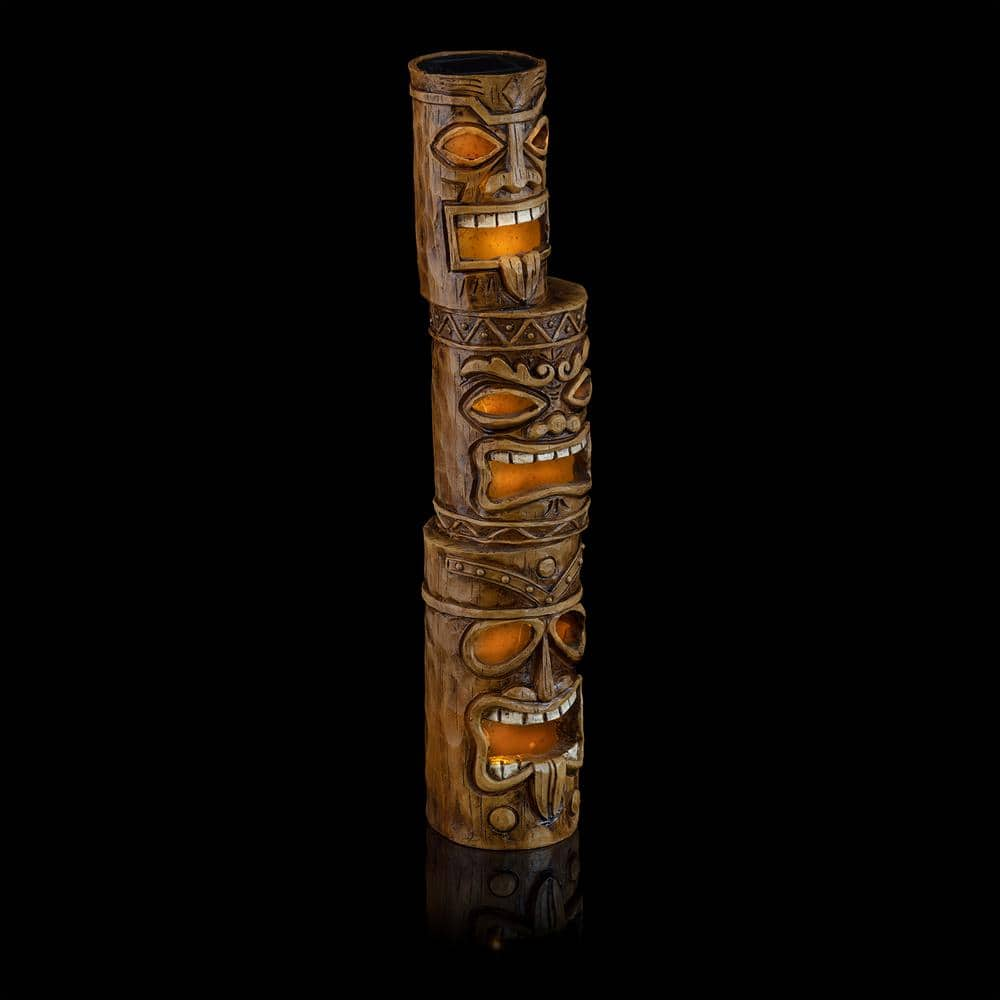 Alpine Corporation 19 in. Tall Outdoor 3-Tier Tiki Totem Statue with Solar LED Lights Yard Decoration WQA826SLR-DBR