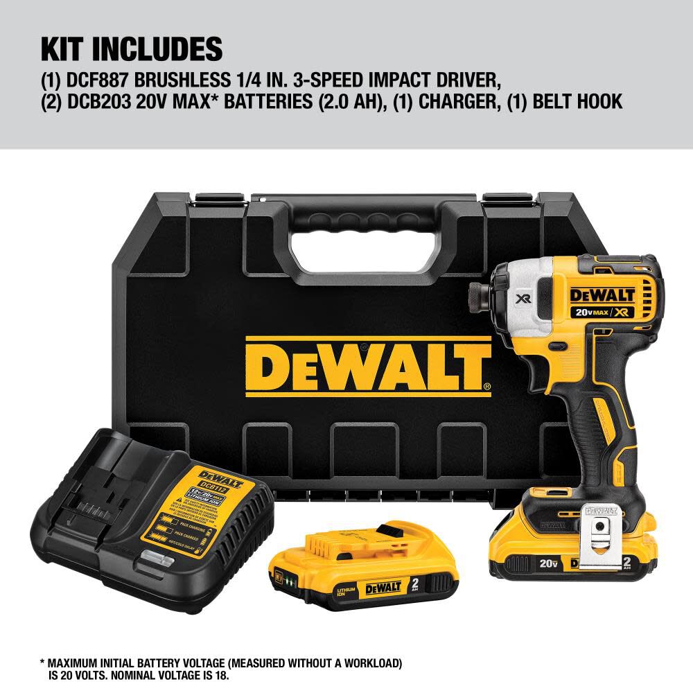 DEWALT 20 V MAX XR Brushless 1/4 In. 3-Speed Impact Driver DCF887D2 from DEWALT