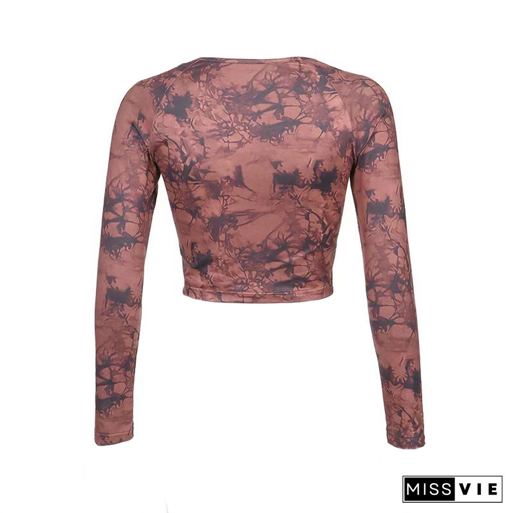 Goth Crop Tops Vintage Brown Tie-dye Printing Long Sleeve T-shirts Slim Pullover Dark Academia Punk Style Women Clothes