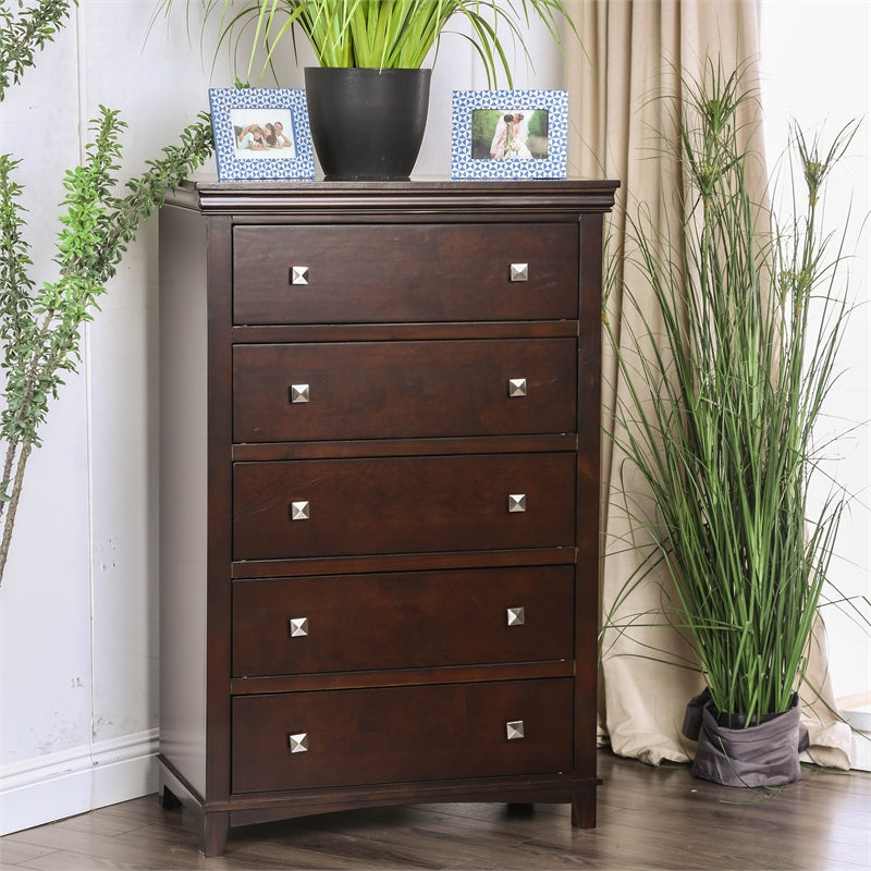 Furniture of America Brighton Transitional Solid Wood 5-Drawer Chest in Cherry