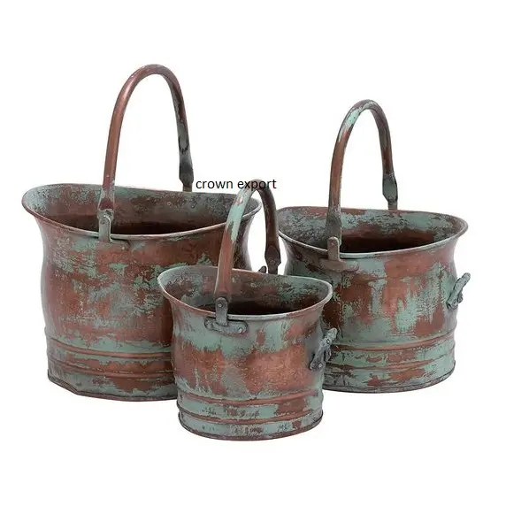 Unique Set of 3 Copper Rustic Iron Drum Planter Lawn   Garden Large Buckets Planters For Plants Storing Water Storage Baskets