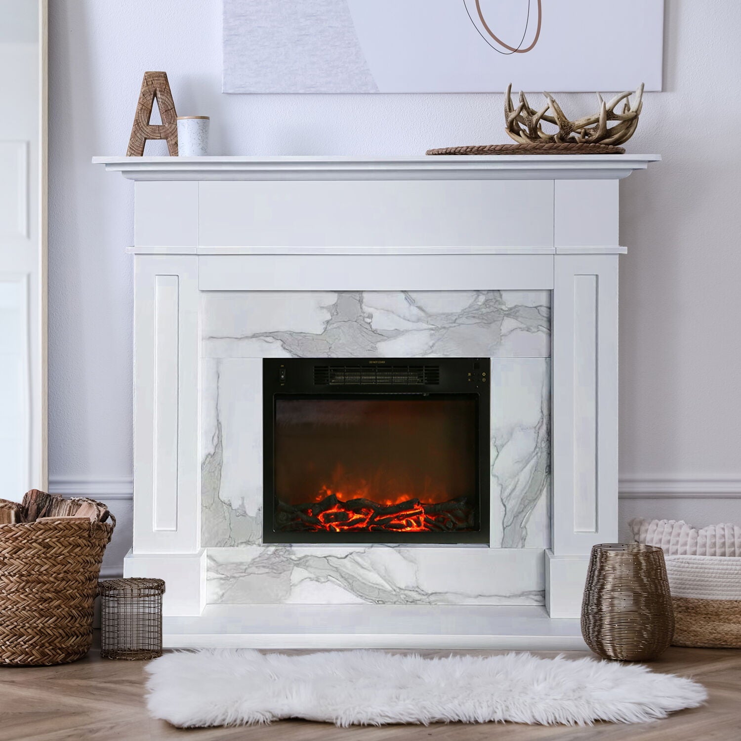 Sofia Cambridge 57-In. Modern Indoor Electric Fireplace Mantel with 1500w Log Insert and Remote Control | White Faux Marble | Heating for Living Room, Dining Room, Bedrooms up to 210 Sq.Ft.