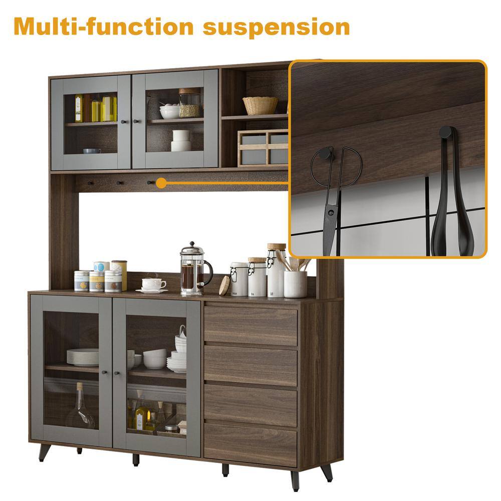 FUFUGAGA Glass Doors Brown Large Pantry Kitchen Cabinet Buffet With Hutch 4-Drawers Hooks 74.8 in. H x 63 in. W x 15.7 in. D KF210128-023-c