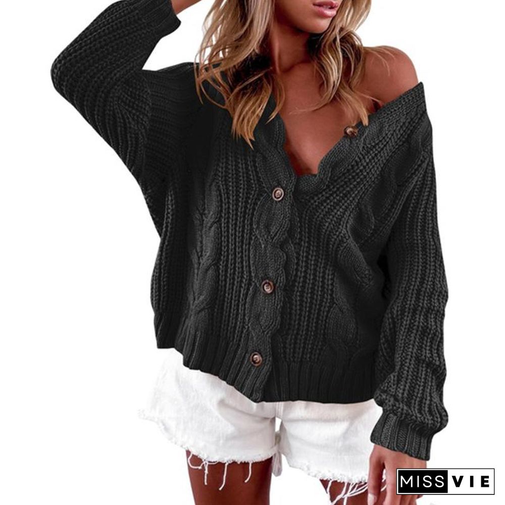 Autumn Winter Sweater V-Neck Long Sleeve Cardigan Casual Solid Color Sweater