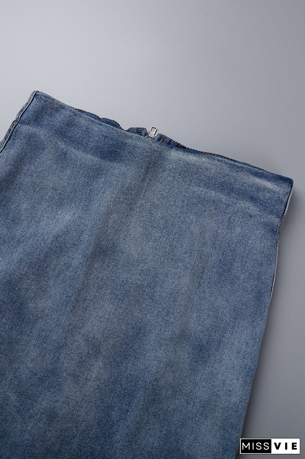 Blue Casual Gradual Change Patchwork High Waist Skinny Denim Skirts (Subject To The Actual Object)