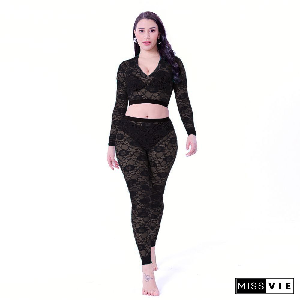 Lace V-neck Long Sleeve Crop Top Pants Set