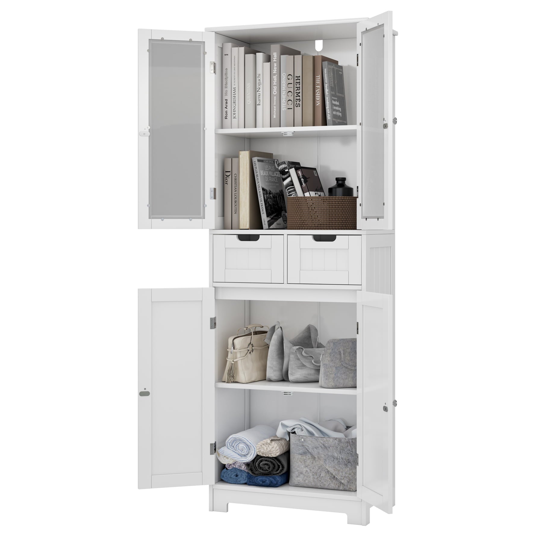 Homfa 4 Doors Linen Storage Cabinet, 3-Tier Wood Tall Cabinet Cupboard with 2 Drawers for Living Room Bathroom, White