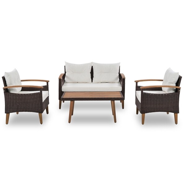 4-Piece Garden Furniture， Patio Conversation Sets， PE Rattan Outdoor Sofa Seating Set with Wood Table and Adjustable Legs Design - Overstock - 37503676