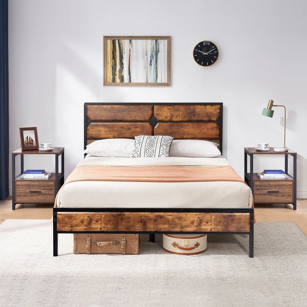 Taomika Industrial 3-pieces Bed with Wood Headboard and Square Nightstands Set - - 35162736