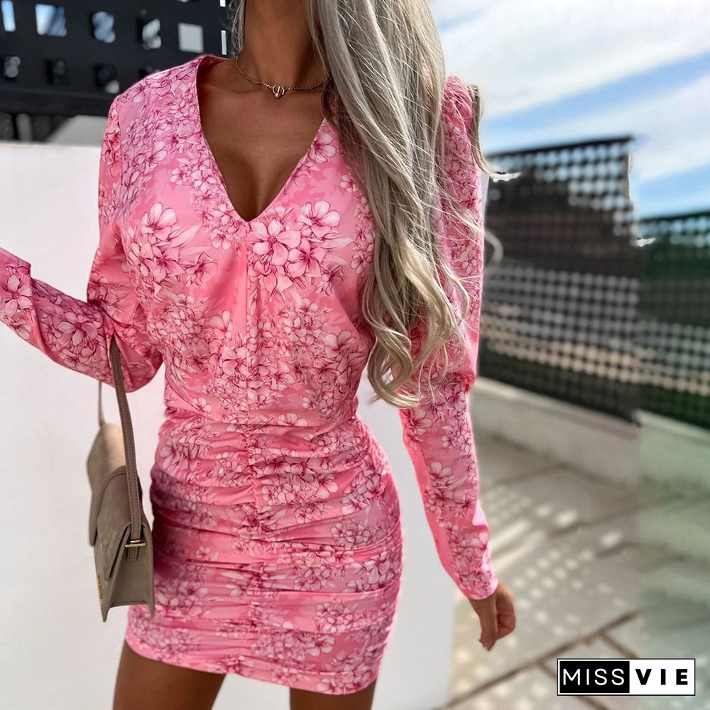 Elegant Women Dress Long Sleeve Fashion Streetwear Casual V-Neck Pleated Bodycon Sexy Mini Dresses Summer Slim Vestidos