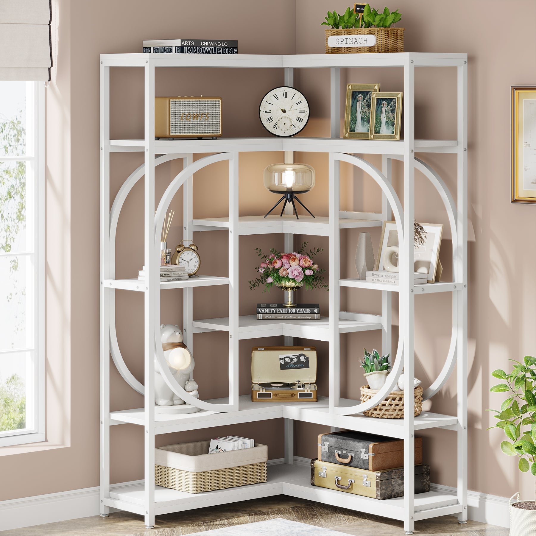 7-Shelf Corner Bookshelf, L-Shaped Bookcase Display Rack