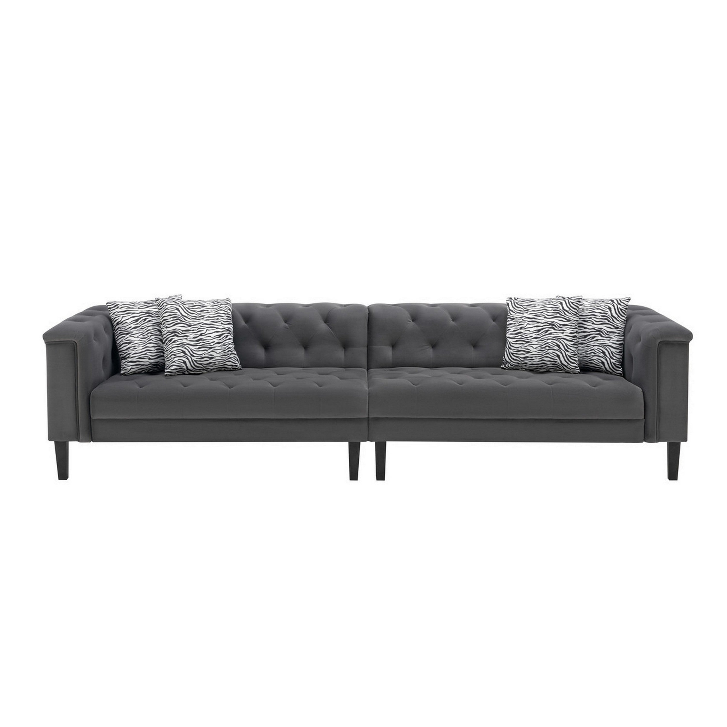 Aki 120 Inch Modern 4 Seater Sofa, Deep Button Tufting, Gray Velvet Fabric- Saltoro Sherpi