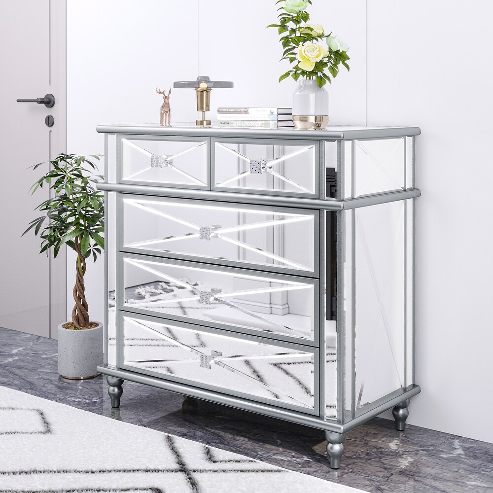 Modern 5 Drawer Mirrored Storage Chest Dresser Sideboard Cabinet