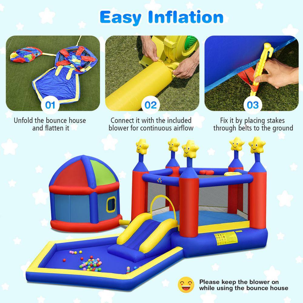 Gymax 735-Watt Inflatable Slide Castle Kids Bounce House Bouncy with Large Jumping Area Playhouse and Blower GYM09783