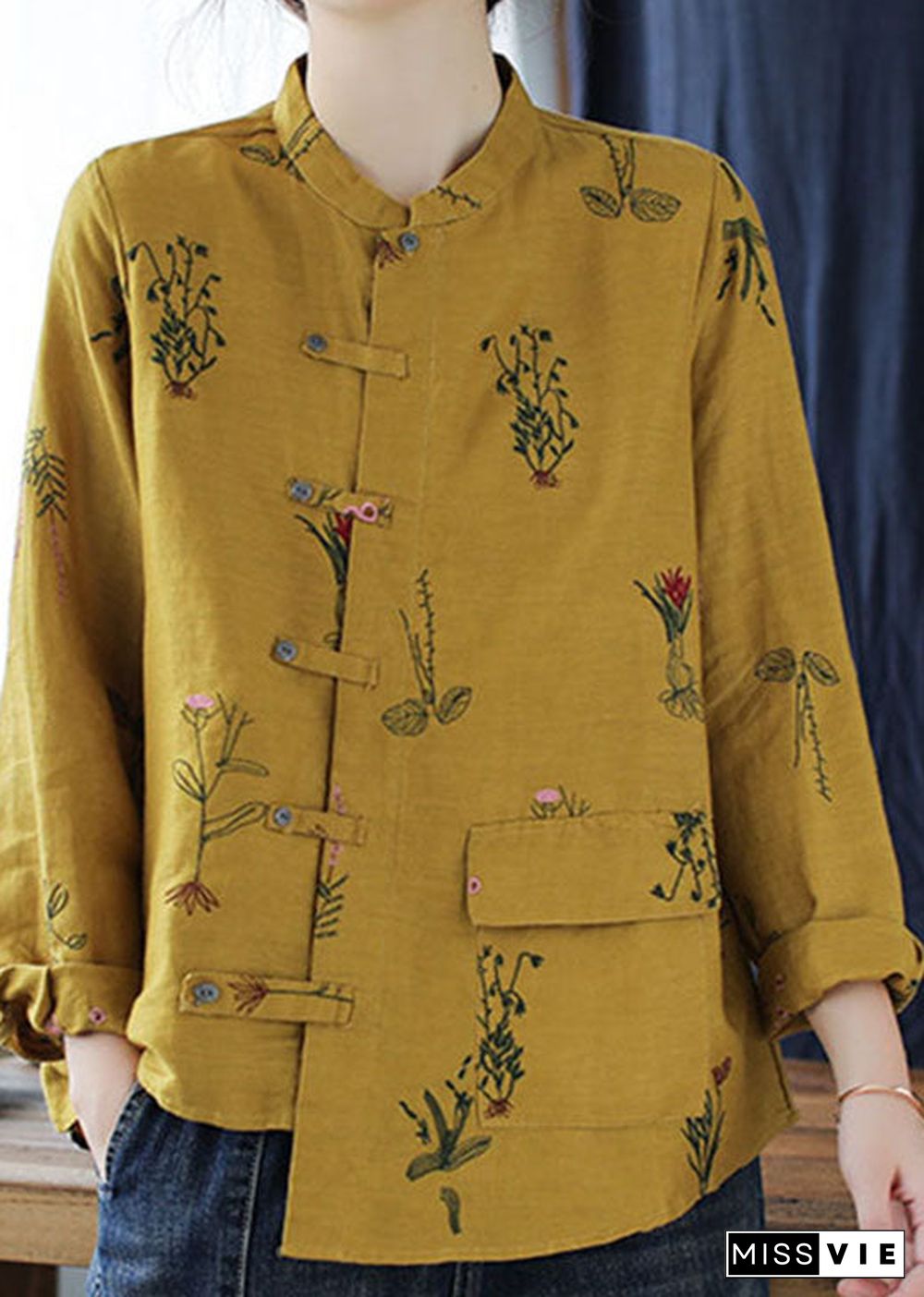 Simple Yellow Embroideried Linen Shirt Long Sleeve