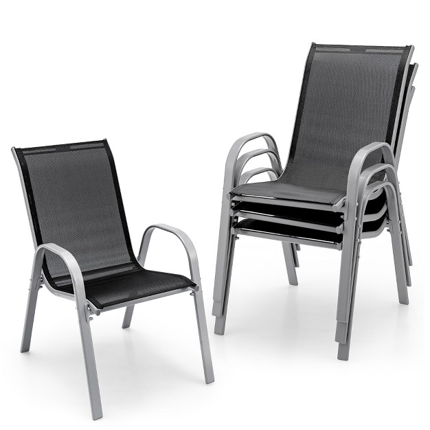 Costway Set Of 4 Patio Dining Chairs Stackable Armrest Space Saving Garden Black