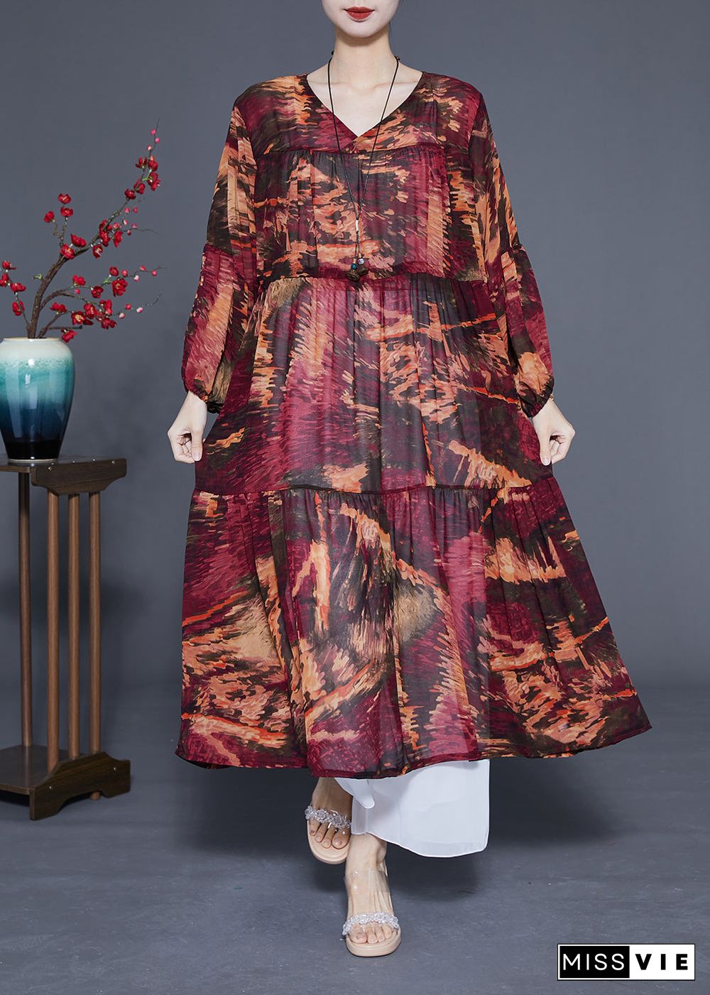 Women Dark Red V Neck Patchwork Exra Large Hem Chiffon Cinched Dresses Spring