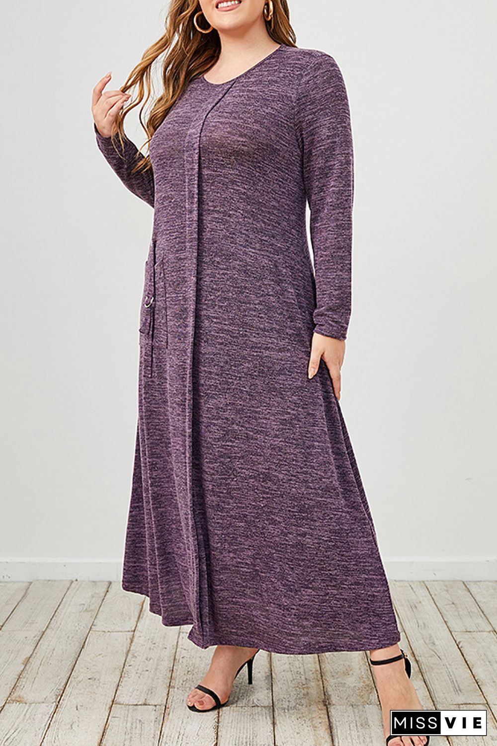 Plus Size Solid Purple Long Sleeve Elegant Dress Wholesale