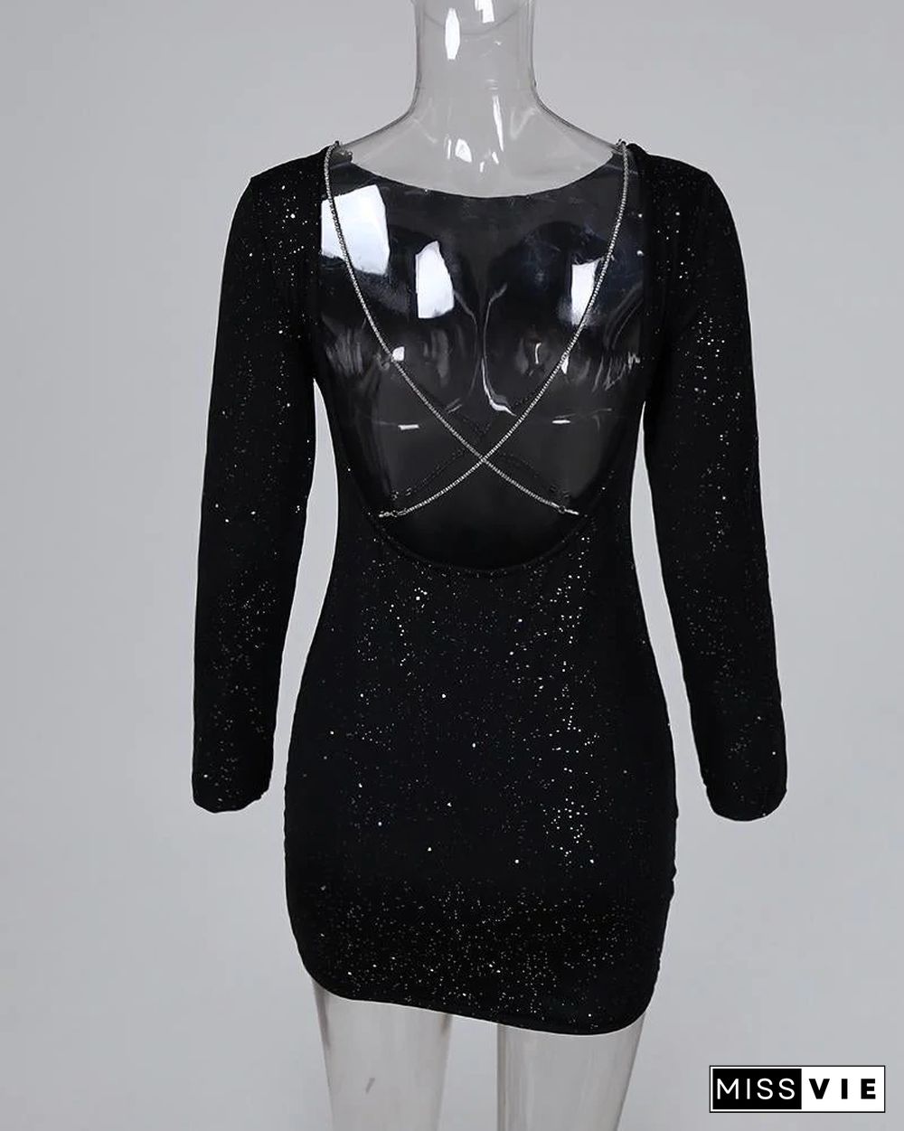 Glitter Open Back Crisscross Long Sleeve Bodycon Dress Black Dresses