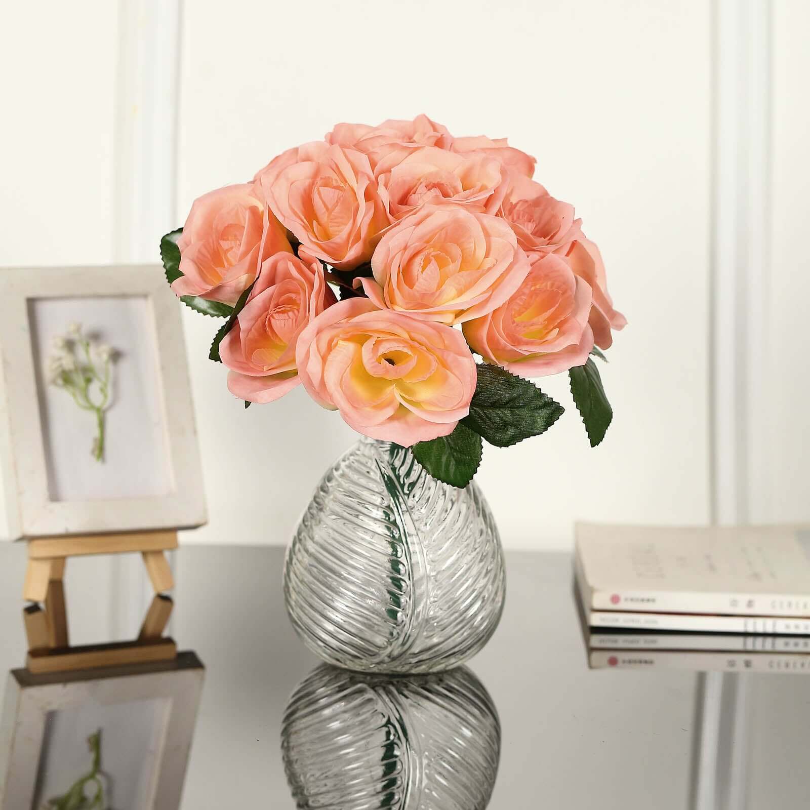 Peach Artificial Velvet-Like Fabric Rose Flower Bouquet Bush 12