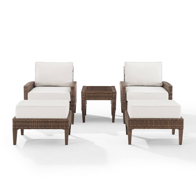 Capella 5pc Outdoor Wicker Conversation Set With Arm Chairs Ottomans amp Side Table Cream brown Crosley