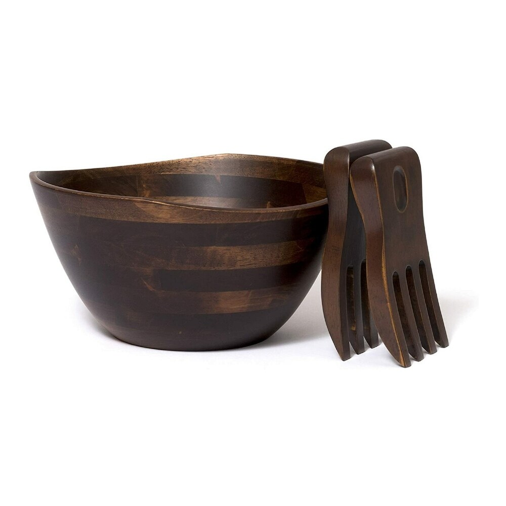 Lipper International Large Walnut Wavy Rim Bowl w/ Salad Hands Bundle