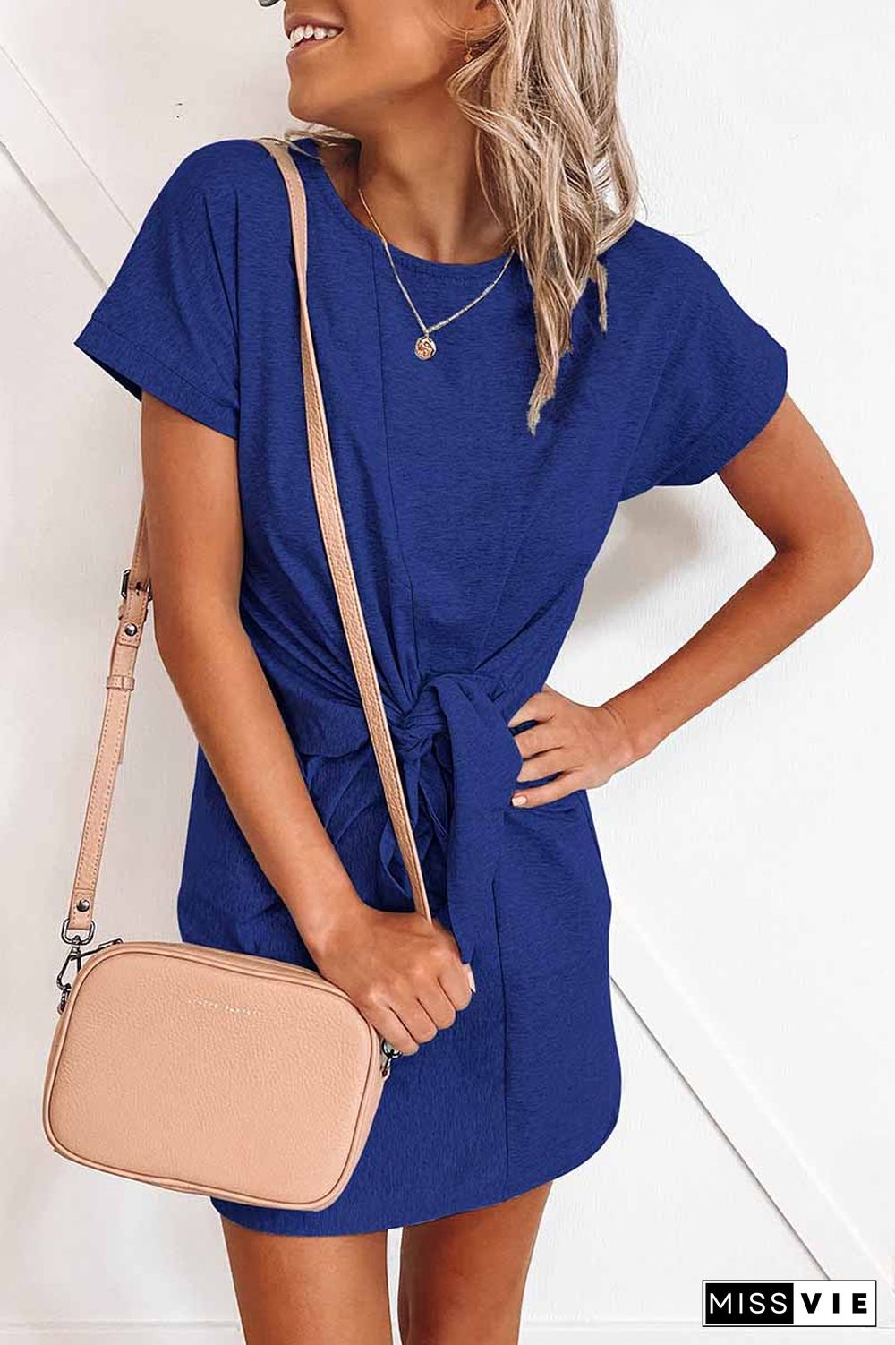 Loose Tie Solid Color Short Sleeves Mini Dress(6 colors)