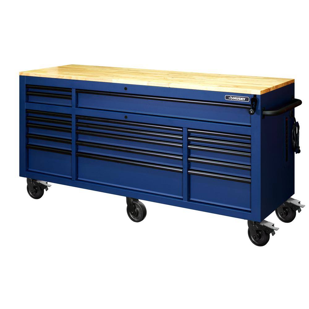 Husky 72 in. W x 24 in. D Heavy Duty 18-Drawer Mobile Workbench Cabinet with Adjustable-Height Solid Wood Top in Matte Blue HOLC7218BL1M