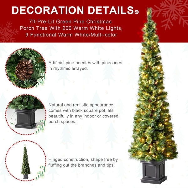 Glitzhome 7ft PreLit Slim Pine Christmas Potted Porch Trees With 200 LED Lights