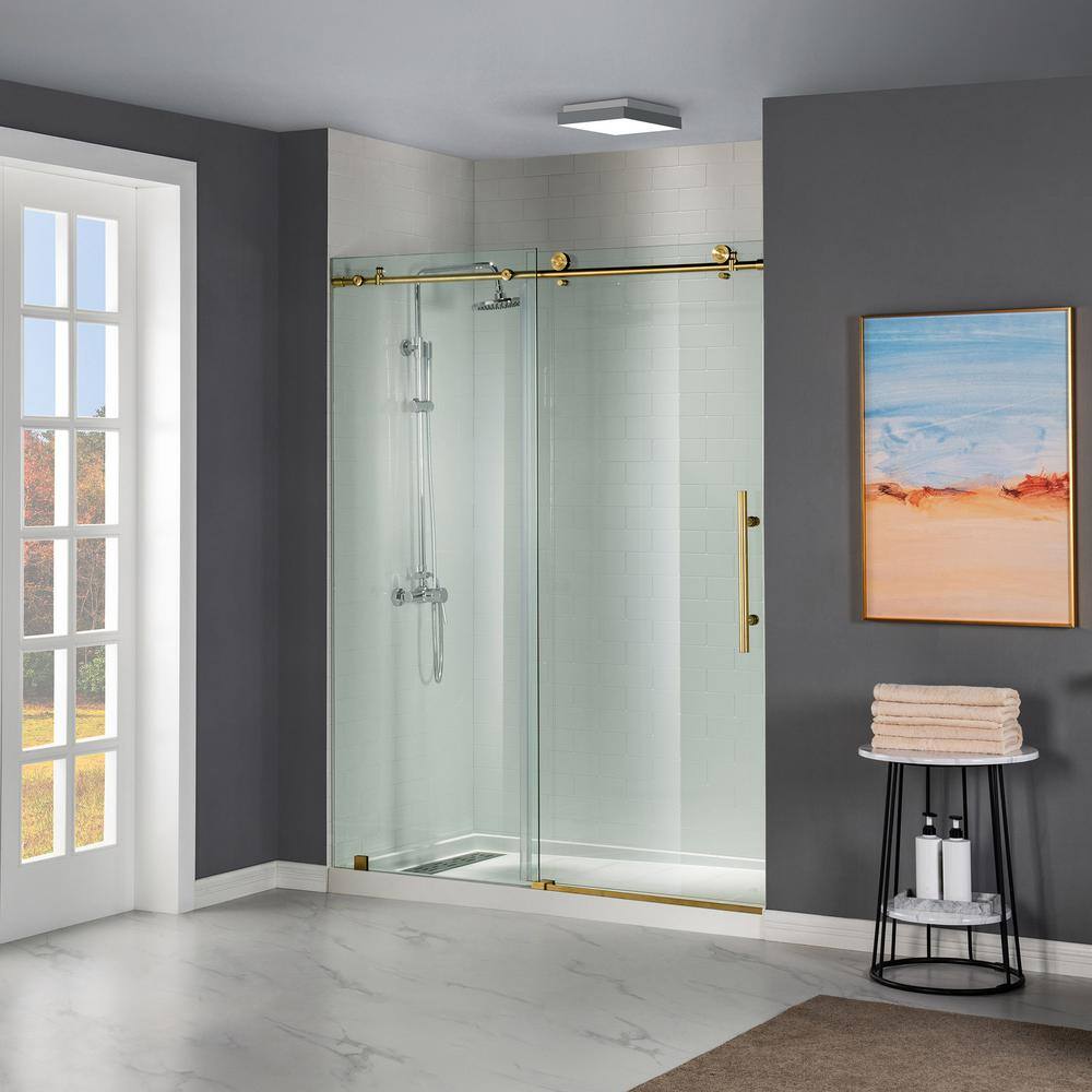 WOODBRIDGE Lowestoft 56 in. to 60 in. x 76 in. Frameless Sliding Shower Door with Shatter Retention Glass in Brushed Gold HSD3608