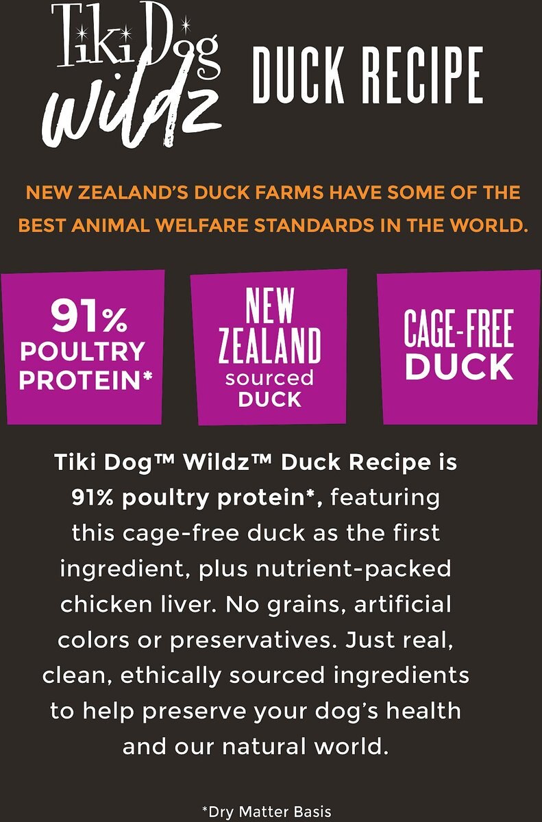 Tiki Dog Wildz Duck Recipe with Chicken Liver Grain-Free Wet Dog Food， 13.2-oz can， case of 12