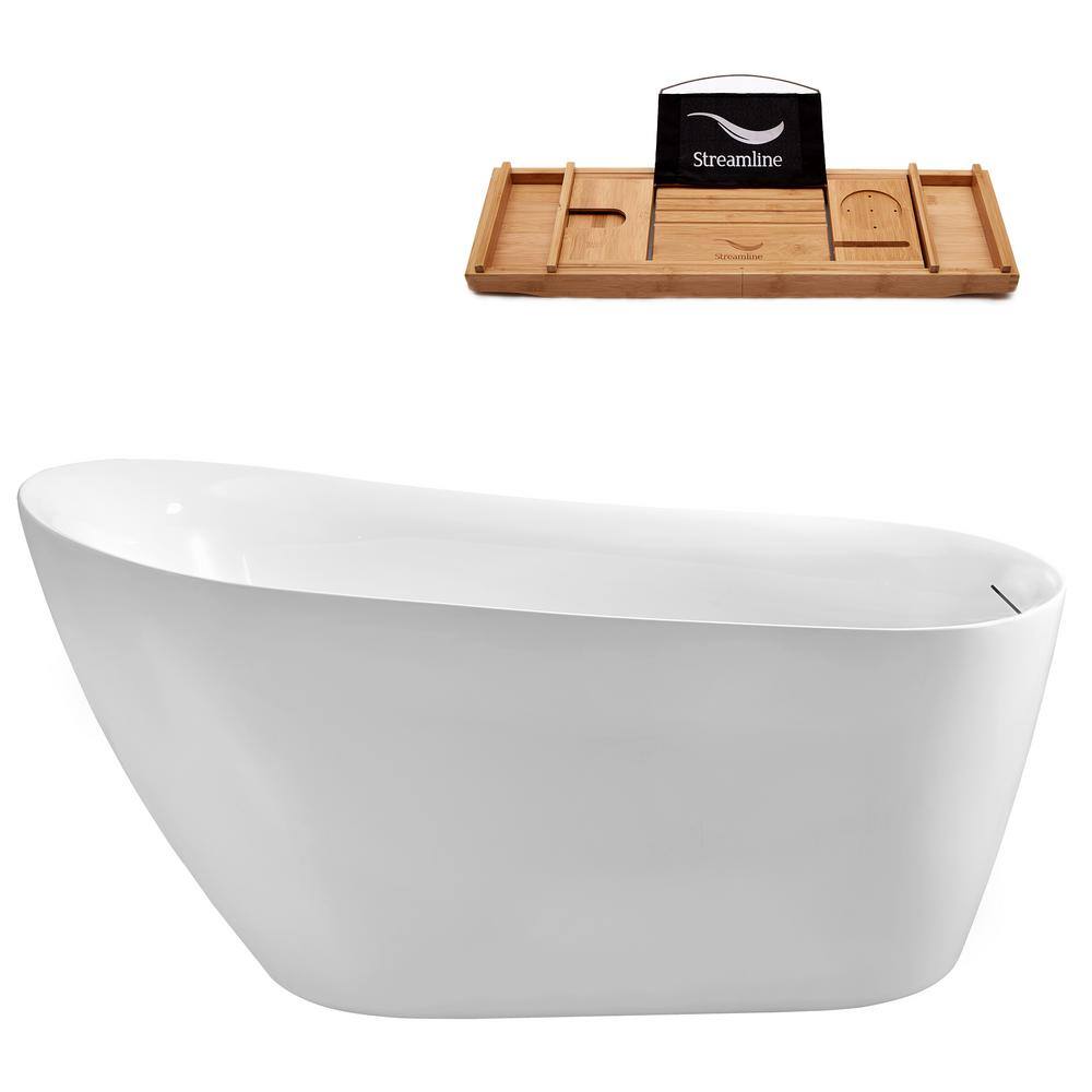 Streamline 59 in. Acrylic Flatbottom Freestanding Bathtub in Glossy White with Brushed Nickel Drain N290BNK