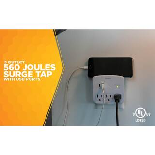 Woods 3- Outlet Surge Wall Tap with Phone Cradle and USB ports 41030