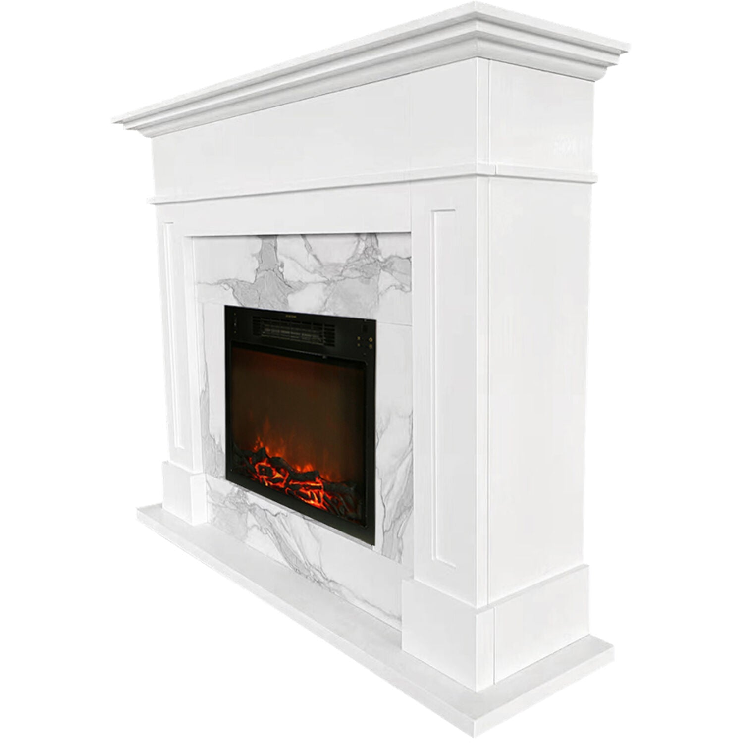 Sofia Cambridge 57-In. Modern Indoor Electric Fireplace Mantel with 1500w Log Insert and Remote Control | White Faux Marble | Heating for Living Room, Dining Room, Bedrooms up to 210 Sq.Ft.