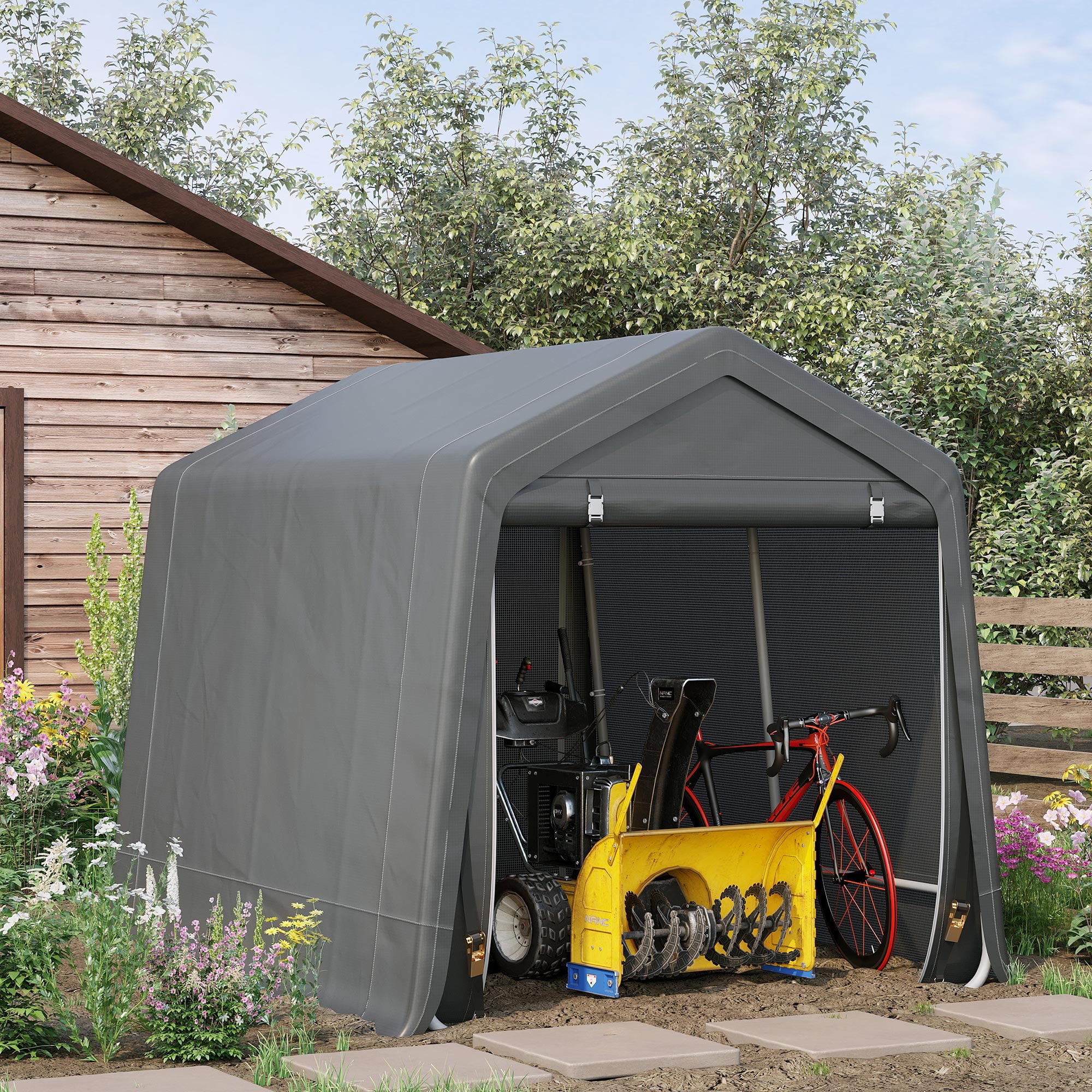 Outsunny 9.19 x 7.88 ft. Heavy Duty Metal and Plastic Storage Shed, Dark Gray