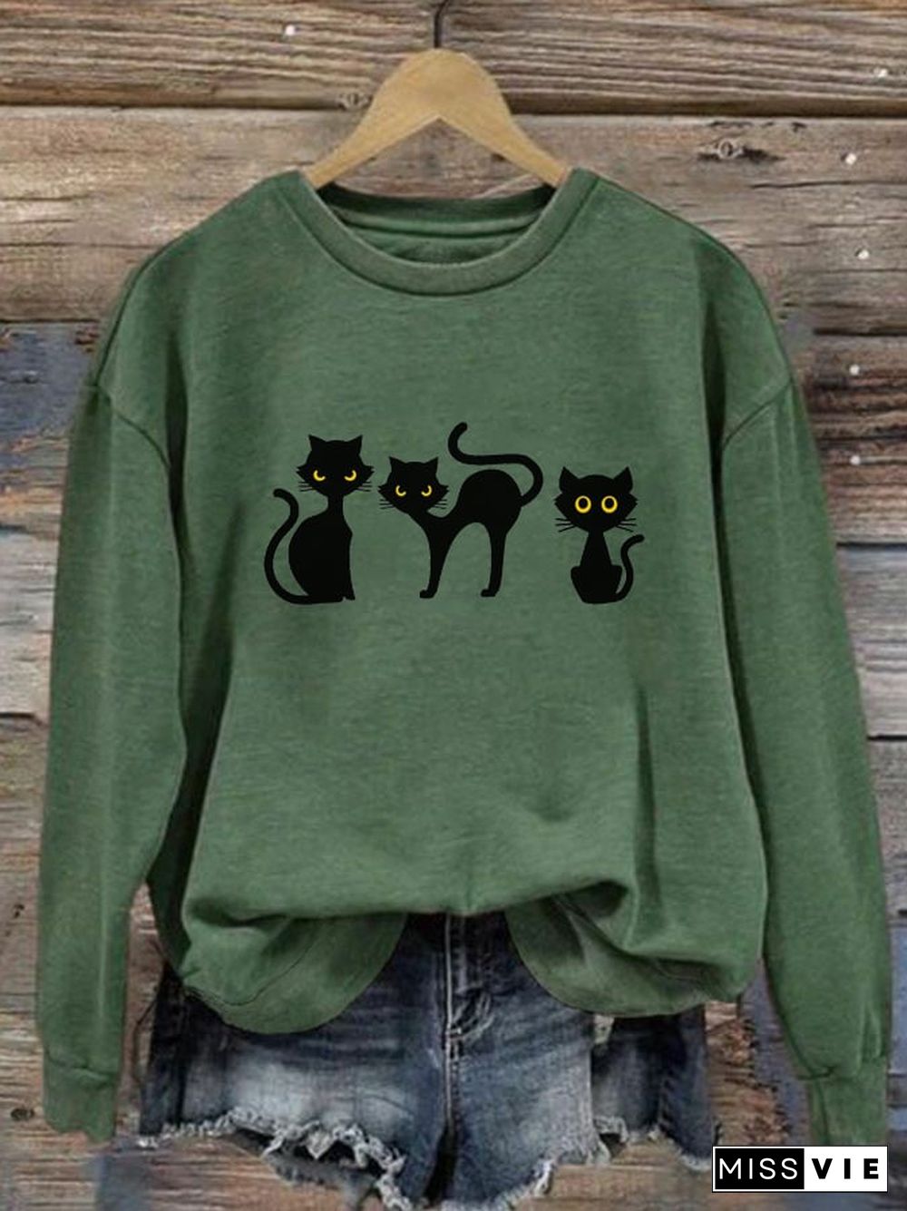 Women's Halloween Cat Print Crew Neck Sweatshirt