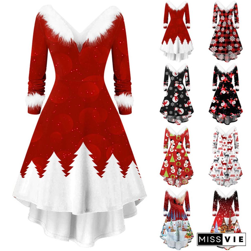 Plus Size Xs-5Xl Christmas Dress Fashion Women Long Sleeve Vintage Elegant V Neck Christmas Print Big Swing Party New Year Winter Clothes