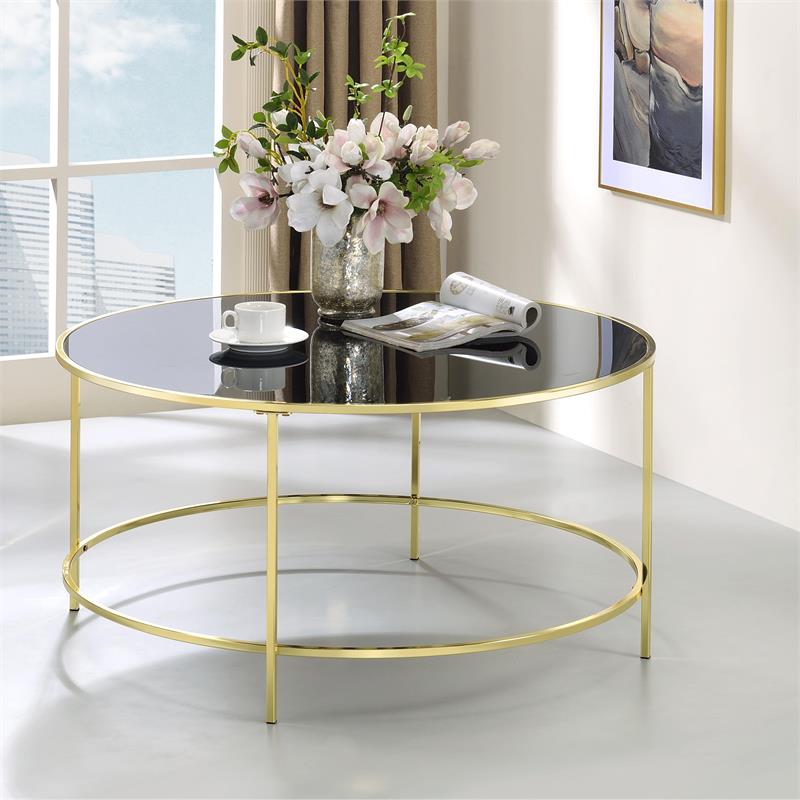 Bowery Hill Contemporary Glass Top Round Coffee Table in Brass