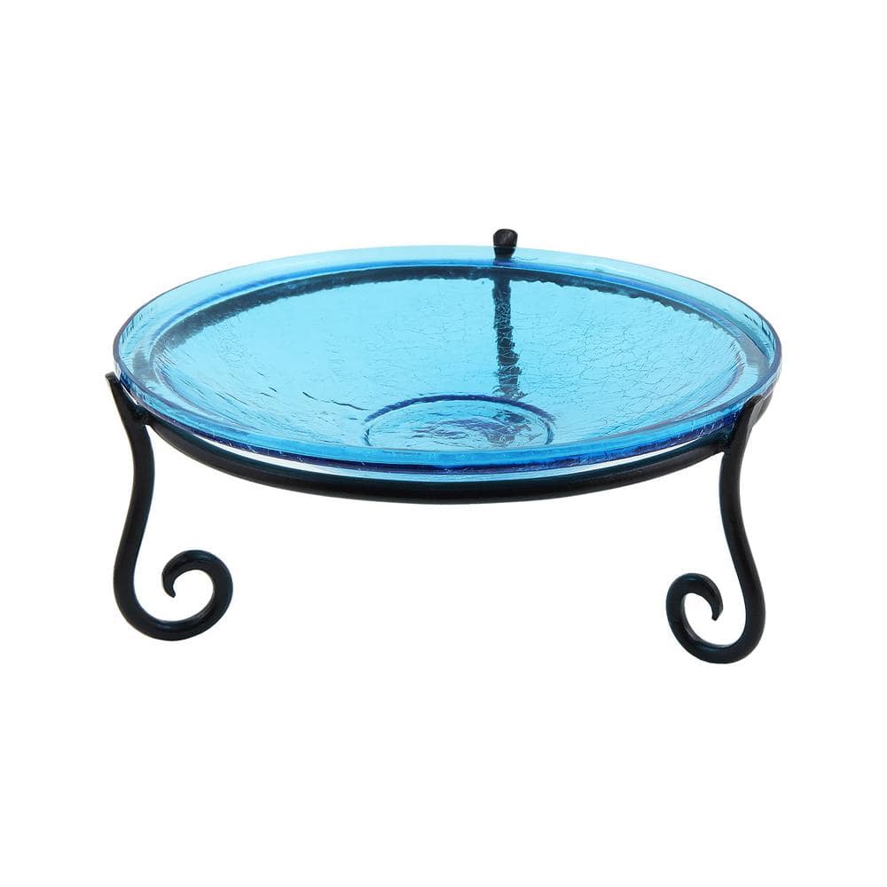 Achla Designs 14 in. Dia Teal Blue Reflective Crackle Glass Birdbath Bowl with Short Stand II CGB-14T-S2