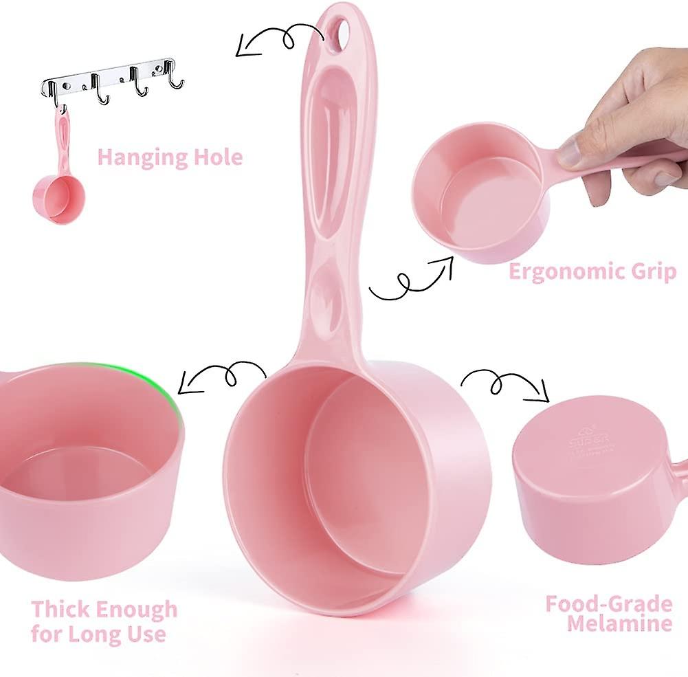 Sturdy Melamine Food Scoop For Dogs Cats Birds， Measuring Cup， Long Comfortable Handle， Half Cup，pack Of 2 Pink Green 0.5 Cup