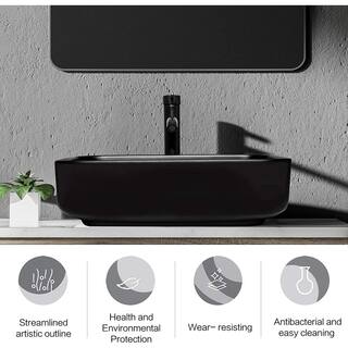 Puluomis Black Ceramic Rectangular Vessel Sink with Unique Full Black Design with Black Faucet Pop up Drain Set US-BG1008