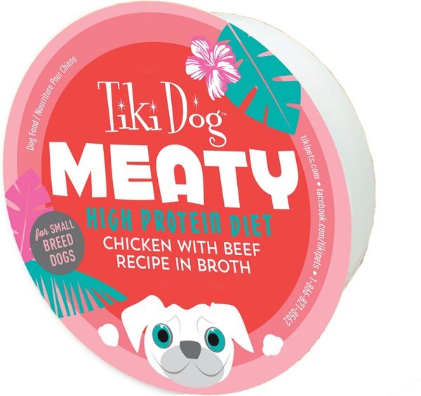 Tiki Dog Meaty High Protein Diet Chicken with Beef Recipe in Broth Grain-Free Wet Dog Food， 3-oz cup， case of 4