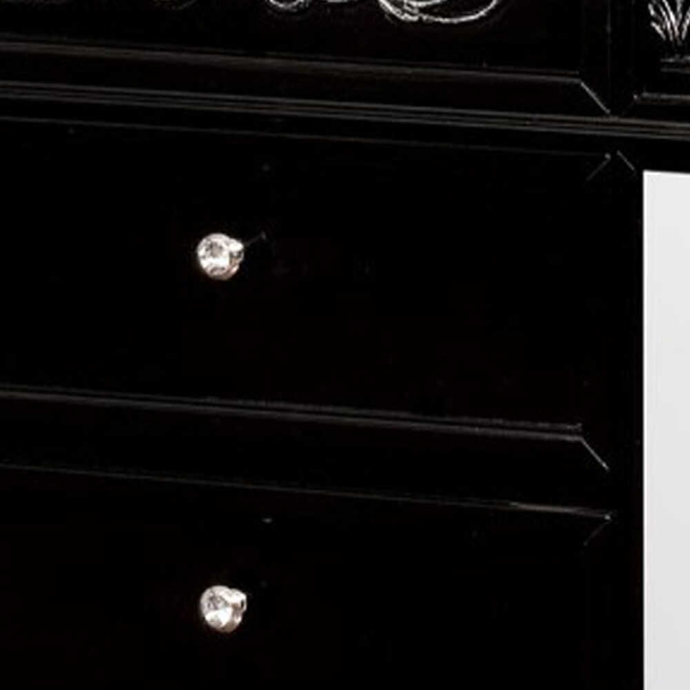 Three Drawer Solid Wood Nightstand with Crystal Knobs and Bun Feet  Black