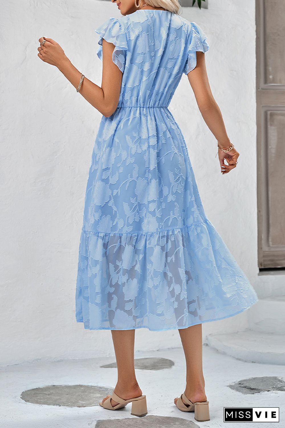 Plain Texture Floral V Neck Ruffles Maxi Dress