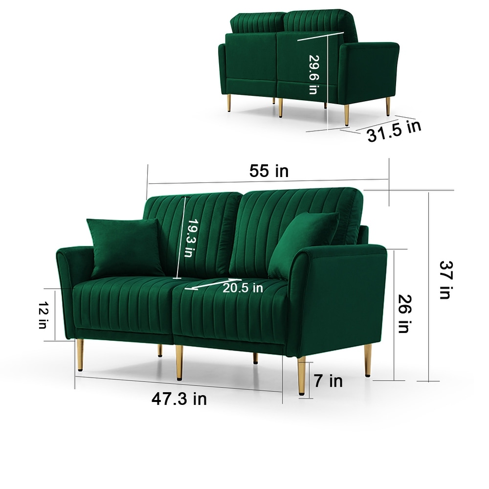 Handcrafted Tufted Sofa Sets Green Velvet Sectional Loveseat Sets with 4 Throw Pillows and Metal legs for Living Room(2pcs)