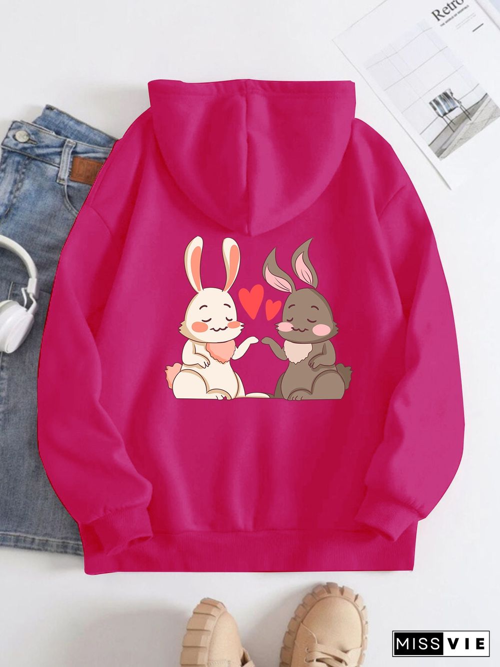 Printed on the Back Kangaroo Pocket Hoodie Long Sleeve for Women Pattern Rabbit in Love